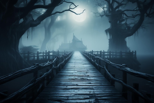 Mystical pathways wooden walkways enveloped by dense fog create an ethereal landscape