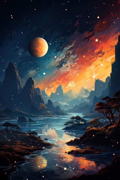 Фото Мистические планеты цифровая живопись фон лунный пейзаж фантастическое искусство пейзаж