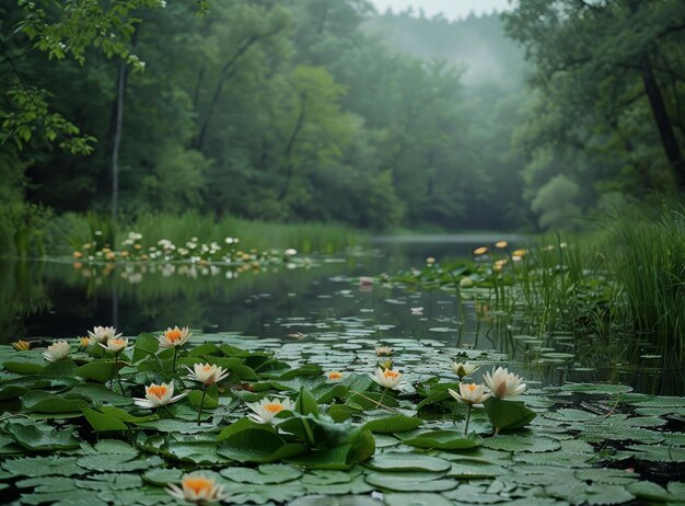 사진 아름다운 꽃이 피는 로토스와 함께 신비로운 연못