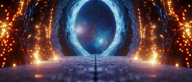 Mystical Portal Cosmic Shroud Enigmatic gateway to unseen worlds Unveiling the mysteries of hidden dimensions and their impact on reality 3D render Backlights Bokeh effect Split screen view