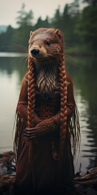 Foto ritratto mistico di lontra con trecce e parrucca sulla riva