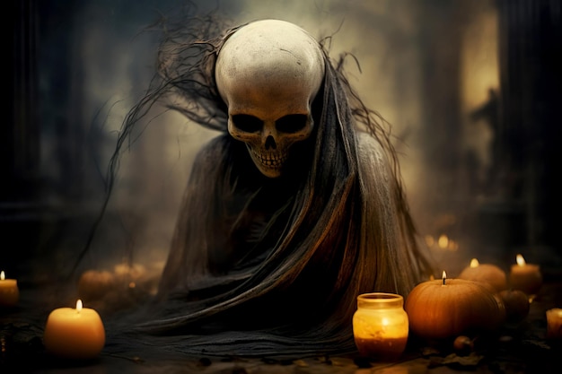 Мистический портрет злой ведьмы с пугающим макияжем для Дня мертвых или праздников Хэллоуина