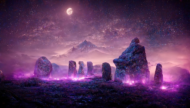 Фото Мистический фиолетовый свет ночью с горным пейзажем 3d иллюстрации