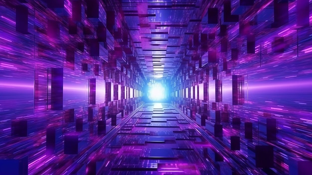 A mystical purple tunnel with a glowing light at the end Generative ai