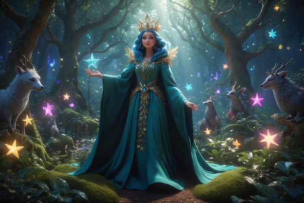 a mystical queen in an enchanted forest surrounded by magical creatures and wearing robes