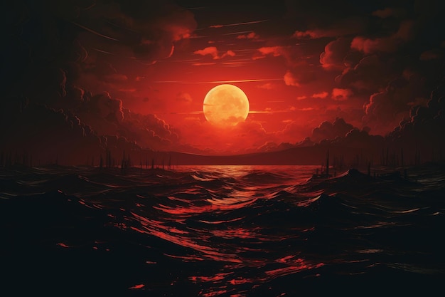 Mystical Red dawn sea Generate Ai