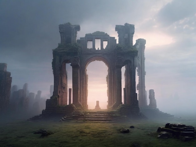 Mystical ruins emerge from the mist Generative AI