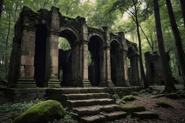 Photo mystical ruins in forest at dawn