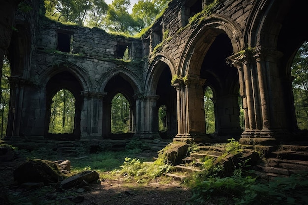 Photo mystical ruins in forest at dawn