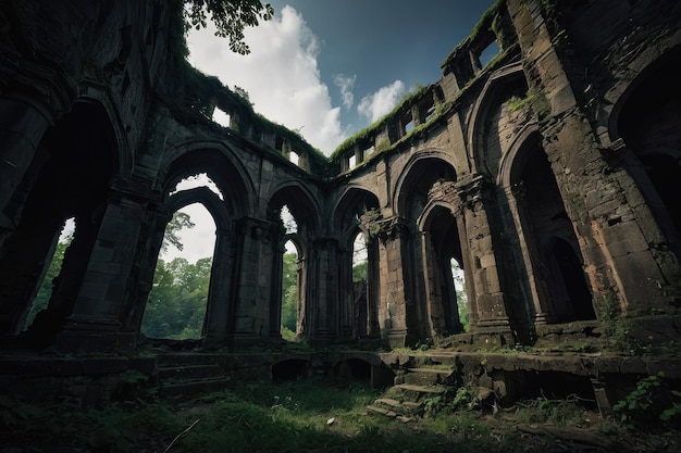 Foto ruine mistiche nella foresta all'alba