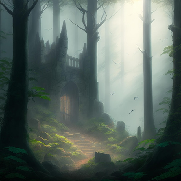 Mystical ruins in the misty forest