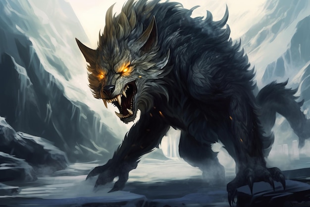 Mystical scandinavian beast wolf Fenrir Fenrir start Ragnarok North Mythology background Generative AI