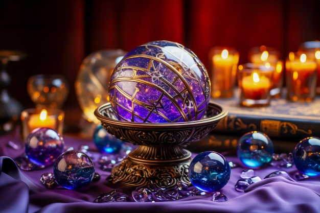 Фото Мистическая сцена с светящимся хрустальным шаром рядом с горящими свечами и драгоценными камнями