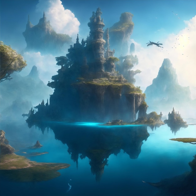 mystical scenery of floating islands ancient ruins and magical artefacts illustration