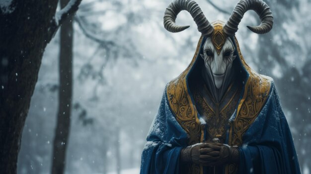 Photo mystical snowscape a vray traced rendering of a horned man in blue robes