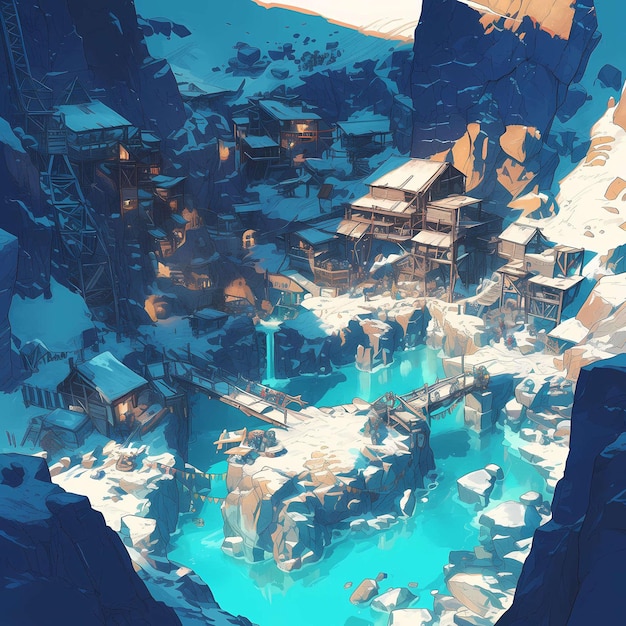 Photo mystical snowy village nestled among frosted peaks concept artwork