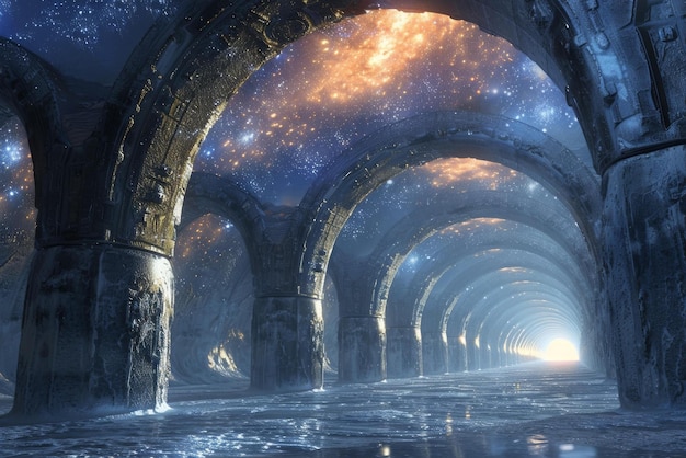 Photo mystical starry night sky in stone archway