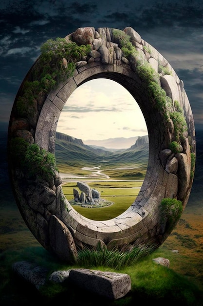 Mystical stone circle gateway to another dimension with stunning rocky landscape