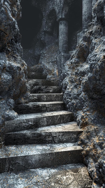 Mystical stone staircase in dark cave