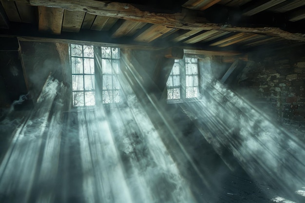 Mystical Sunlight Rays Piercing Through Vintage Window in Dusty Rustic Room