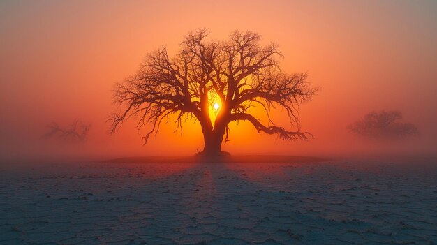 Mystical Sunrise Behind Silhouetted Tree on a Foggy Morning