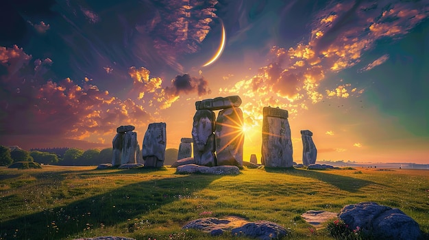 Photo mystical sunset at ancient stone circle with crescent moon