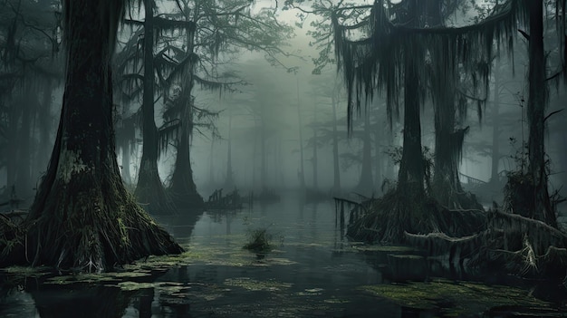 Mystical swamp in an ominous fog Fantasy background Generative AI design