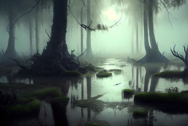 Mystical swamp in an ominous fog Fantasy background Generative AI