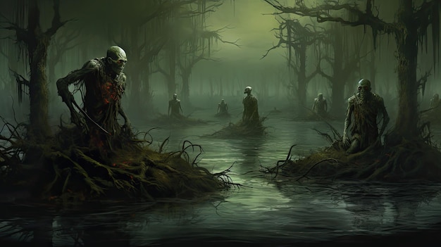 Mystical swamp in ominous fog and zombies Fantasy background Generative AI design