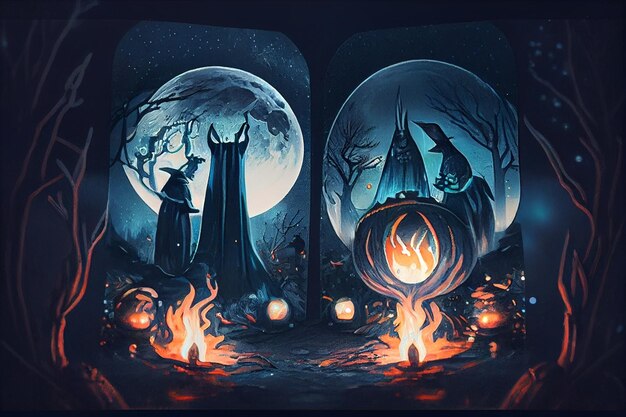 Foto illustrazione di carte arcane mistiche del tarocchi con sabato delle streghe ed eclissi lunari spaventose spirituali e