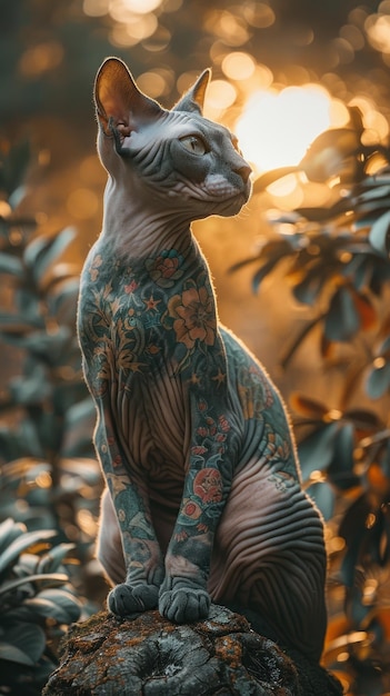 Мистический татуированный сфинкс-кошка на закате