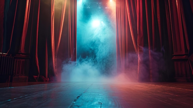 写真 ミスティックな劇場のステージ 輝く光と霧 魔法のようなパフォーマンス場が待っています 超現実的な囲気のイメージ ai