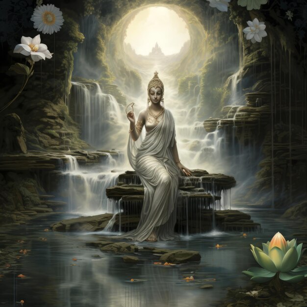 Foto la tranquillità mistica il viaggio sereno di kuan yin attraverso il ponte del loto sotto la cascata illuminata dalla luna