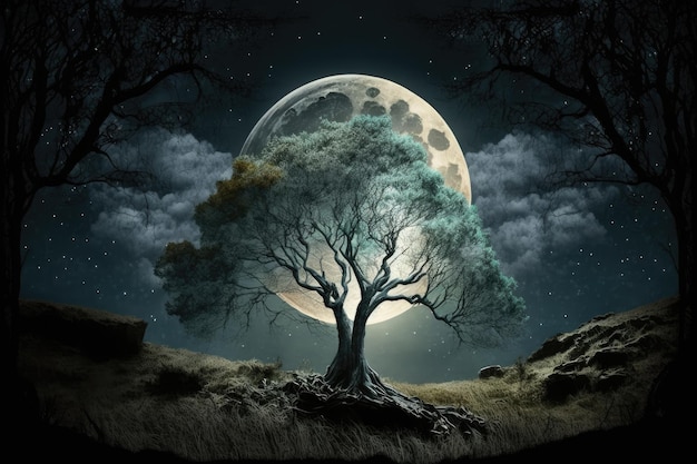 Mystical tree in a forest clearing with the moon shining above