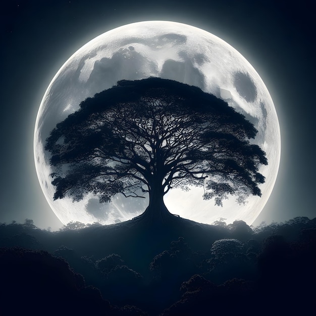 Mystical Tree Silhouette with Full Moon Background