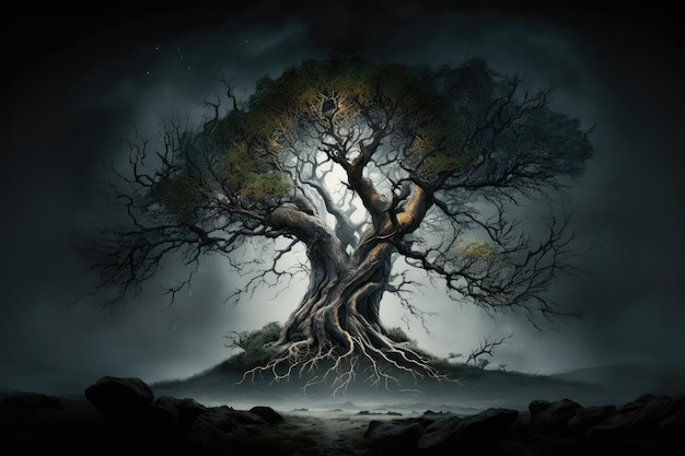 Mystical tree surrounded by misty fog on a dark and stormy night