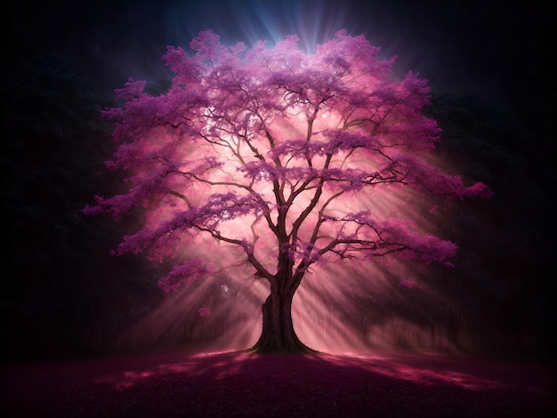 a mystical tree with a vibrant pink and purple canopy glowing with ethereal light and leaves