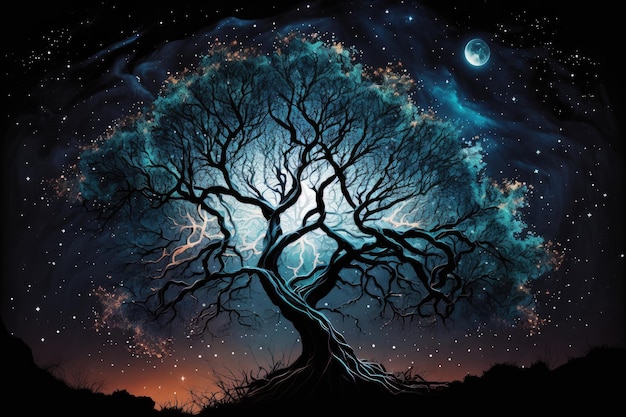 Mystical tree with view of the night sky stars shining overhead