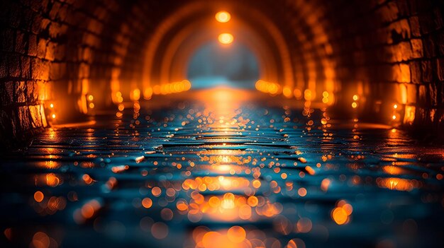 Mystical tunnel with glowing lights and reflective wet surface