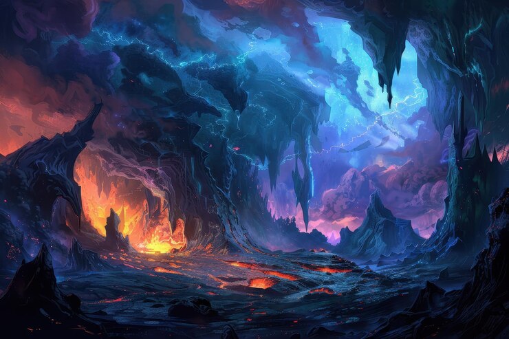 Photo mystical underground cavern with lava and lightning