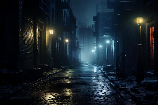 Mystical Urban Veil Wet Road or Alley in a Misty Night Generative By Ai