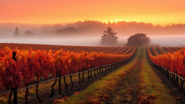 Mystical Vineyard Splendor Enchanting Autumn Mists Amidst Lush Rows of Grapevines AR 169