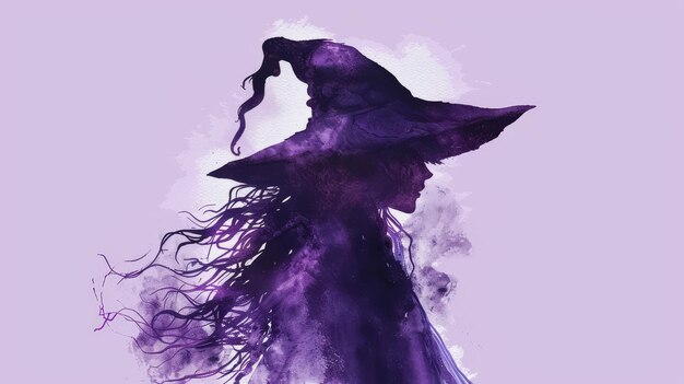 Photo a mystical watercolor silhouette of a witch with a flowing hat and hair representing magic my
