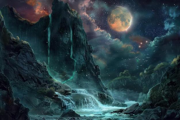 mystical waterfall landscape with giant rock formations and a bright moon
