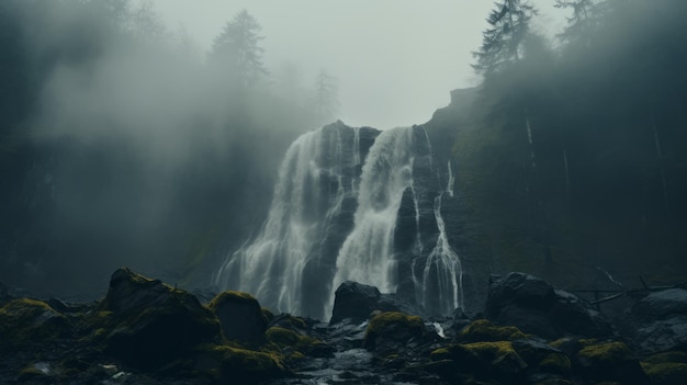Фото Мистический водопад зловещая вибрация в монохроматическом стиле уистлера