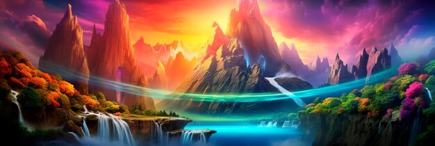 mystical waterfall pouring from a celestial mountain amidst a swirling ethereal abstract landscape Generative AI