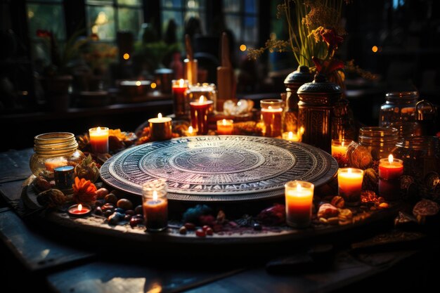Foto tavolo bianco mistico con oggetti per la comunicazione spirituale generativa ia