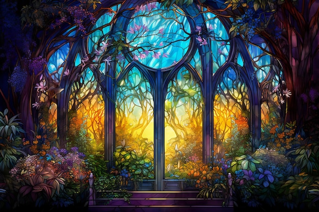 Mystical window in a fantasy forest with trees bushes and flowers