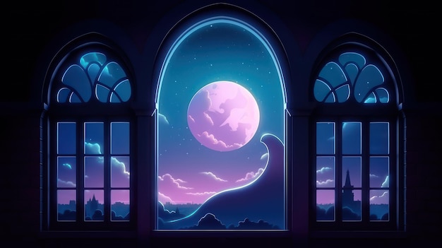 Photo mystical window with crescent moon in night sky generative ai