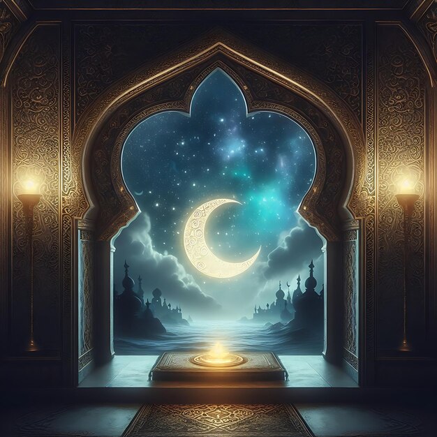 Mystical window with crescent moon in night sky